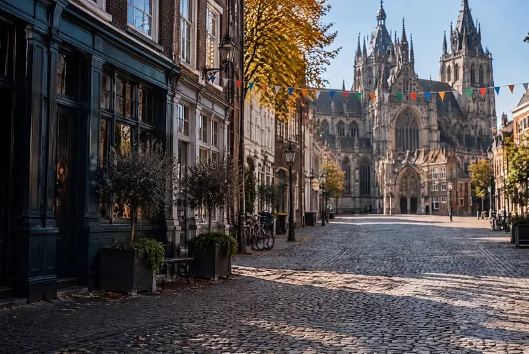 Bossche straat met oranje vlaggetjes en de Sint-Jan