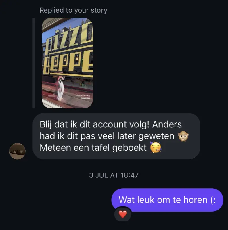 Instagram-bericht van een volger op onze story over Pizza Beppe: blij dat ik dit account volg, meteen een tafel geboekt