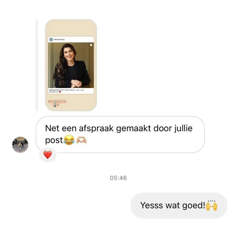 Instagram-bericht van een volger: net een afspraak gemaakt door jullie post over Studio Chéne